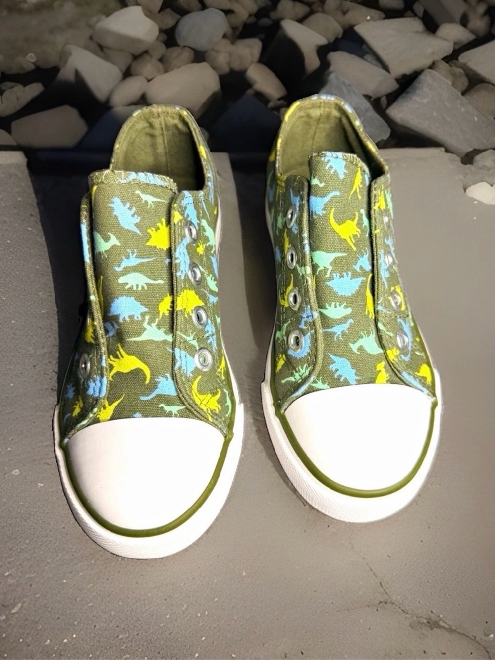 Kids Olive Green Dinosaur Slip-On Canvas Sneakers